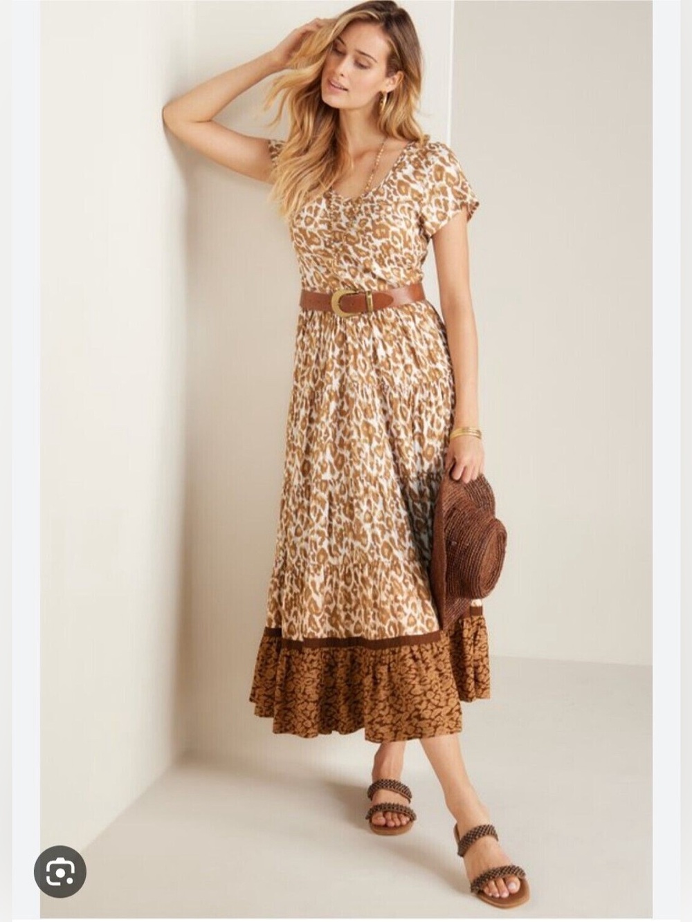 Soft Surroundings Kara Maxi Dress XL Mocha Leopard Tiered 100% Viscose NWT